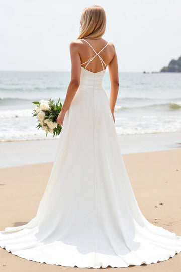 Robe de mariée longue en satin simple blanc à bretelles spaghetti trapèze